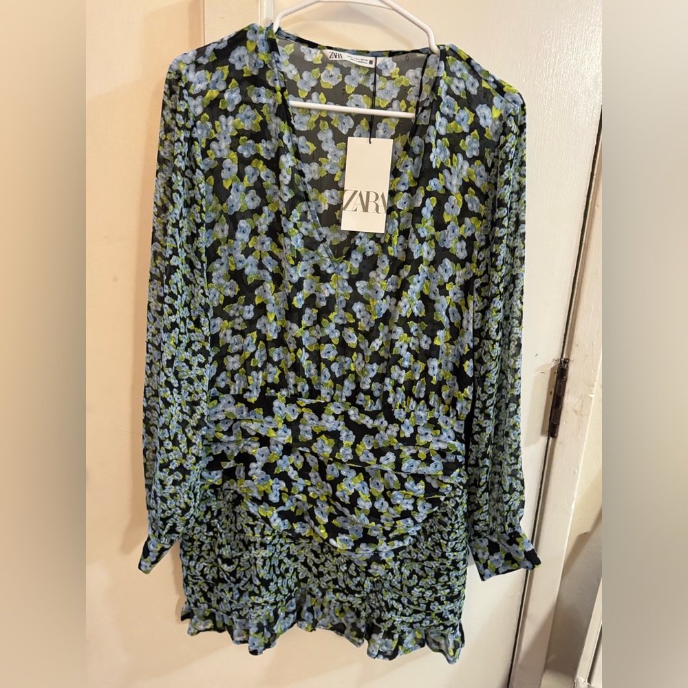 ZARA Black mini dress  with Blue Floral & Green Accents